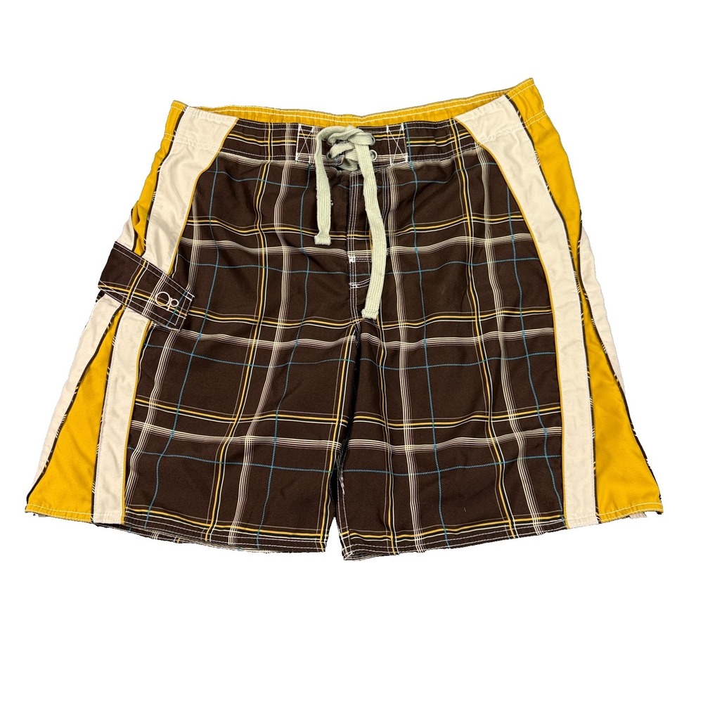 OP Ocean Pacific Board Shorts Mens L 36-38 Brown Plaid Swim Trunks Surf Cargo